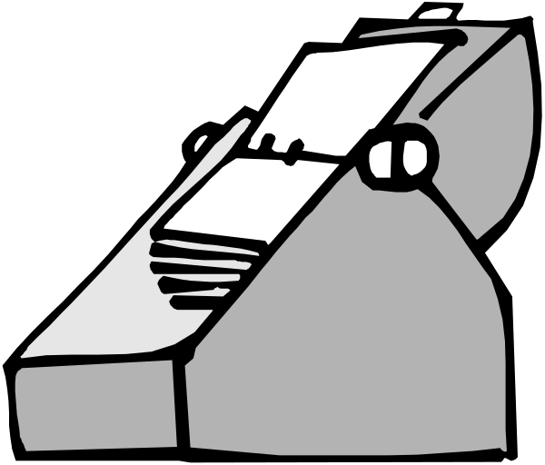 The black and white cartoon shows a printer with paper coming out of it on top right corner against dark background.