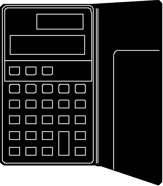 The image shows a calculator on top of an open book with pages visible beneath it against a black background; there is also what appears to be a cell phone lying next to them in portrait orientation at bottom right corner, and above this scene runs a horizontal line that seems like part of the artwork or design.