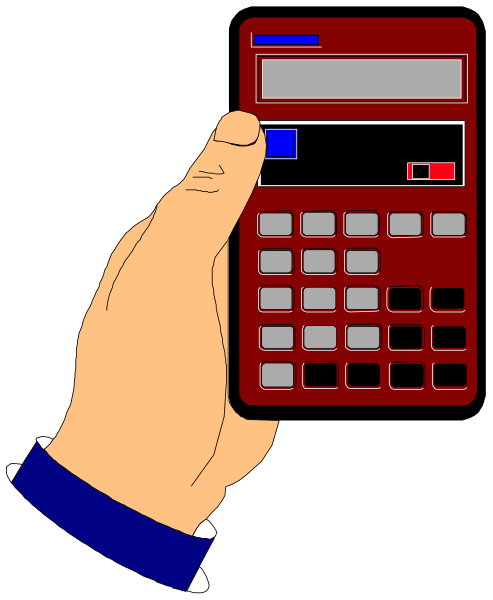 The image shows a hand holding an old red calculator with buttons labeled 0 through 9, plus sign (+), minus (-) signs, multiplication symbol (x), division symbol (÷), equals sign =, and square root symbol √ in black text on white backgrounds within the display. There is no visible person or animal; only a hand holding an object can be seen against a dark backdrop with some indistinct shapes that do not provide additional context about setting or action beyond what has been described above. The style of this image appears to resemble clip-art,