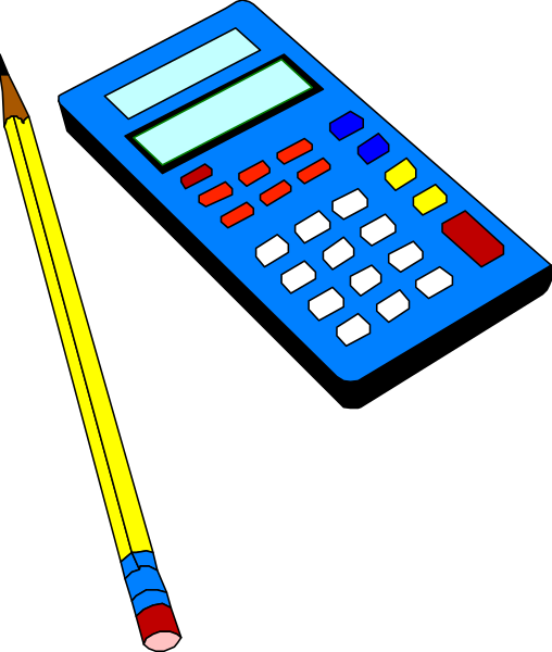 The illustration shows a blue calculator with red buttons next to it on what appears to be a desk surface along with an unsharpened yellow pencil lying beside them against a dark background.