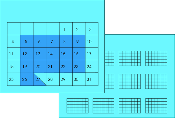 The image shows a blue grid with numbers on it placed over an overhead view of what appears to be a classroom layout featuring desks and chairs arranged in rows.