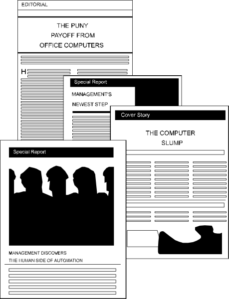 The image shows a collection of newspaper pages with headlines such as "The Fury," "Special Report: Discovering the Truth Behind...", "Management & Leadership" on an office computer screen background, and other text that is too small to read clearly in this view.