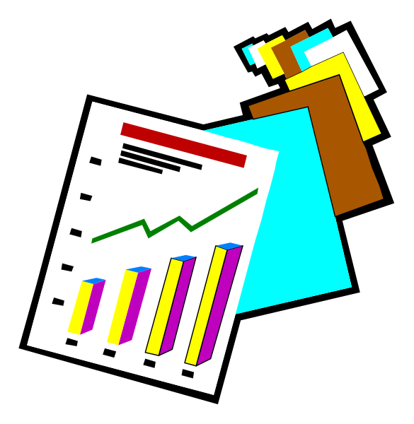 The image shows a cartoon of an office worker sitting at their desk with papers on it; there's also a clipboard in front of them holding various charts and graphs that represent financial data such as income, expenses, sales figures, etc., suggesting analysis or budgeting activities are taking place within the context of business management.