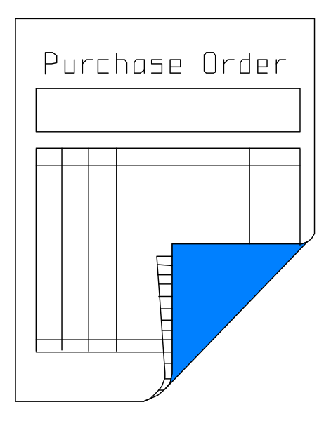 The image shows a digital representation of an order form with fields for customer information such as "Purchase Order" at top right corner on a light background against darker tones in lower left area where items would be listed, and it has blue coloring highlighting one item's name or description.