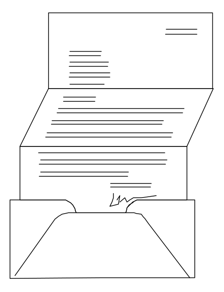 The image shows a black and white illustration of an open envelope with paper inside it on top of what appears to be a desk surface in front of a window that lets light into the room where this is taking place, suggesting someone has just received mail at their home or office setting.