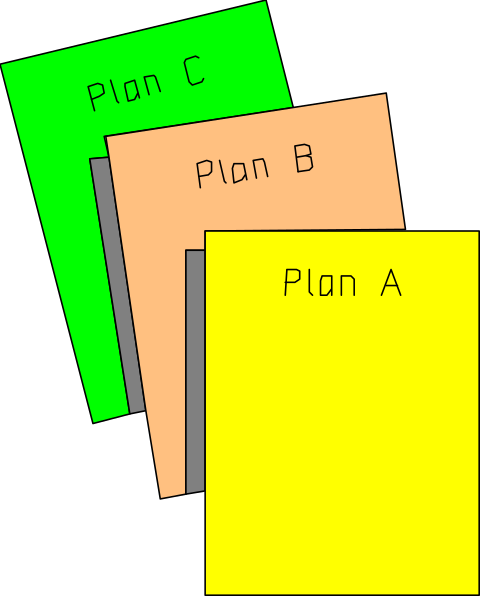 The image shows three pieces of paper with handwritten plans labeled A through C on a dark background; there is no visible text providing additional context about their content.