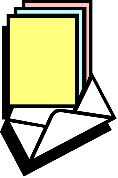 The image shows a stylized depiction of an envelope with three pieces of paper sticking out from it against a black background.