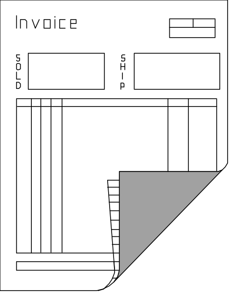 The image shows a black and white illustration of an invoice on a computer screen with various fields for inputting information such as customer details, item listings, quantities, prices, subtotal, tax amount, total due, payment method options like cash, check or credit card, and buttons to add items.