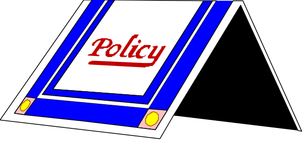The image shows a blue sign with white text that reads "POLICY" on it against a black background.