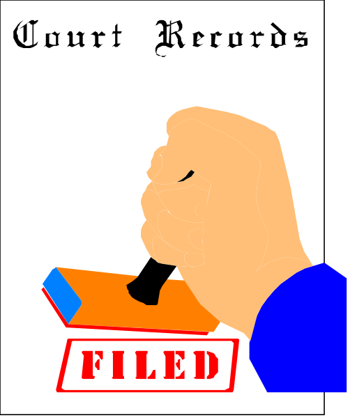 The image shows a stylized illustration of an orange paperclip holding together two pieces of white lined notebook paper with black text that reads "COURT RECORDS" at top left corner and "FILED" in red ink on right side, indicating some form of legal document or record.