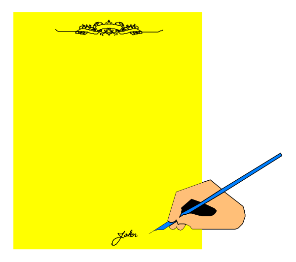 The image shows a person writing on paper with ink pen while seated at desk; there is also an open book next to them in front of yellow background that has text "Julie" written across it.