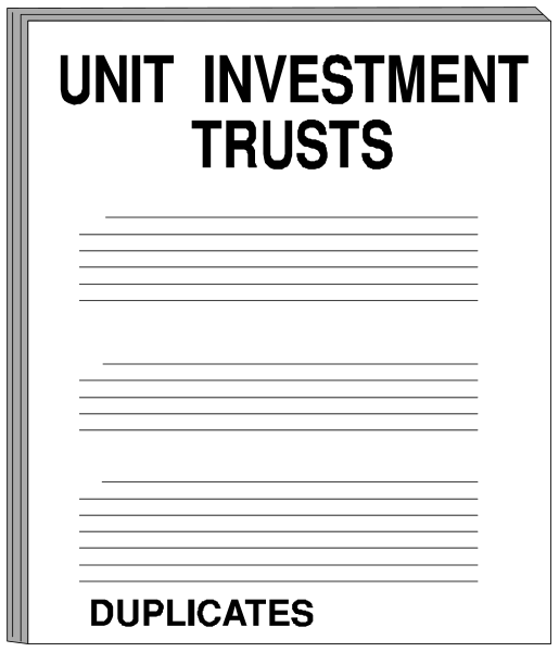 The image shows a black and white photocopy of an official document with text that reads "UNIT INVESTMENT TRUSTS" at the top center in bold letters on a blank page within what appears to be a notebook, suggesting it's part of some sort of financial or legal record.