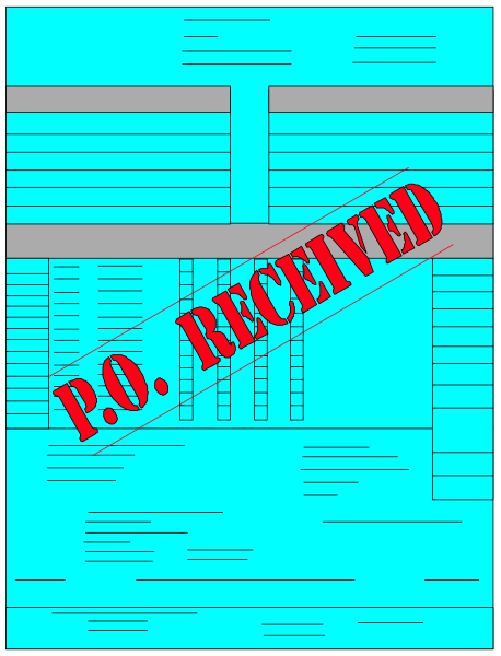 The image shows a blue envelope with text on it that reads "PO RECEIVED" overlaid by another red stamp-like marking reading "Received."