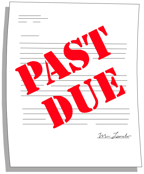 The image shows a paper with "Past Due" written on it next to an amount of money owed for rent in red ink.