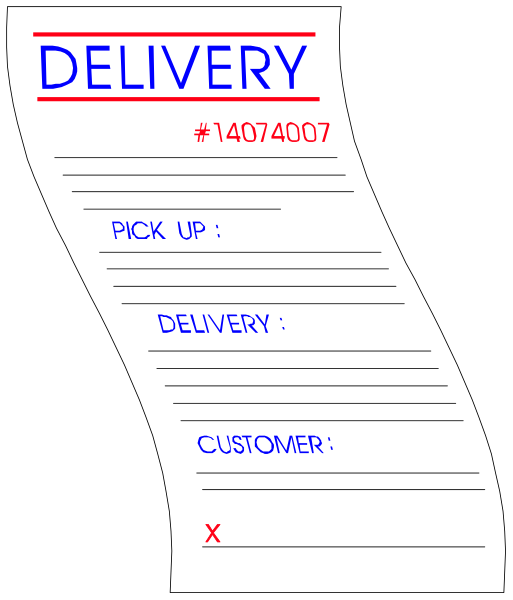 The image shows a handwritten note on paper with "DELIVERY" written at top left corner followed by an address in red ink: 14076007; below that is 'PICK UP' and then 'CUSTOMER'. At bottom right, there are two lines of text. The first line says 'Delivery', the second one reads "Customer" with a check mark next to it indicating selection or completion status for delivery service.