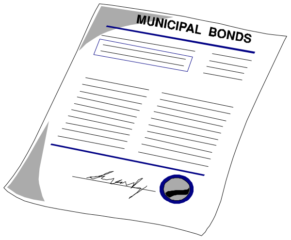 The image shows a black and white illustration of an official document with text that reads "MUNICIPAL BONDS" at its top right corner on what appears to be paperwork in front of it, suggesting some form of financial transaction related to municipal bonds is being depicted or referenced.