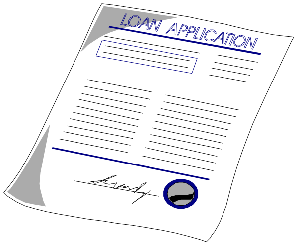The image shows a document titled "LOAN APPLICATION" with fields for personal information such as applicant's full legal name, address, social security number (SSN), date of birth, phone numbers and email addresses, along with sections to provide details about income sources, employment status, assets, liabilities, purpose of the loan, repayment plan, signature lines at bottom. The document is on a piece of paper that appears slightly crumpled or folded over itself in an informal manner against a dark background.