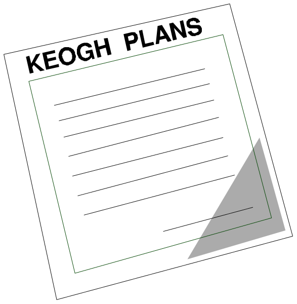 The image shows a black and white illustration of two pieces of paper with writing on them placed side by side against different backgrounds: one is in front of an office building facade while the other appears to be floating above some water, possibly representing planning for both work-related events (Keogh plans) and leisure activities.