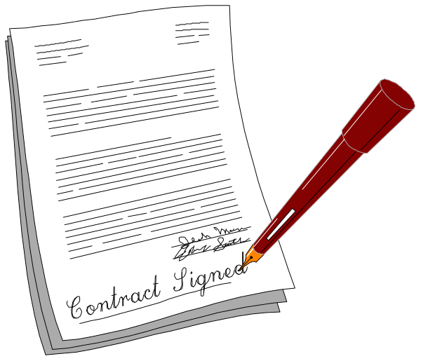 The image shows a pen on top of papers with text that reads "CONTRACT SIGNED" next to an ink stamp imprinted by it.