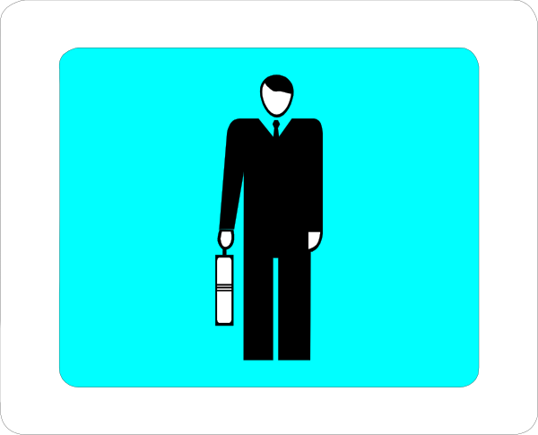 The image shows a man standing next to an icon of a suitcase with wheels on it against a blue background.