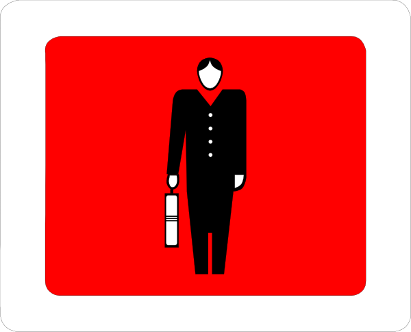 The image shows a red sign with an icon of a person standing on it against a white background.