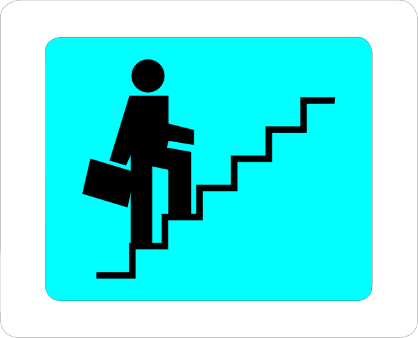 The image shows a black silhouette of an adult figure walking up stairs with steps labeled 1 through 5 on each step in white text against a blue background at the bottom right corner. There is also a small icon depicting a person holding briefcase and standing next to building, which appears to be part of a larger image or graphic design that includes other elements not visible here. The style suggests it could be from an instructional manual or signage related to stair accessibility in public spaces like offices or buildings with multiple floors.