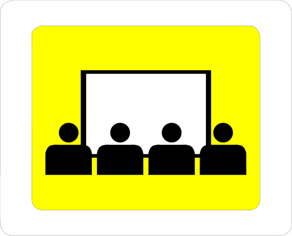 The image shows a black and white icon of an indoor meeting room with three silhouettes standing at attention facing each other in front of what appears to be a presentation screen displaying two figures on it; above this scene, there is another smaller graphic depicting people sitting around a table or conference setup.