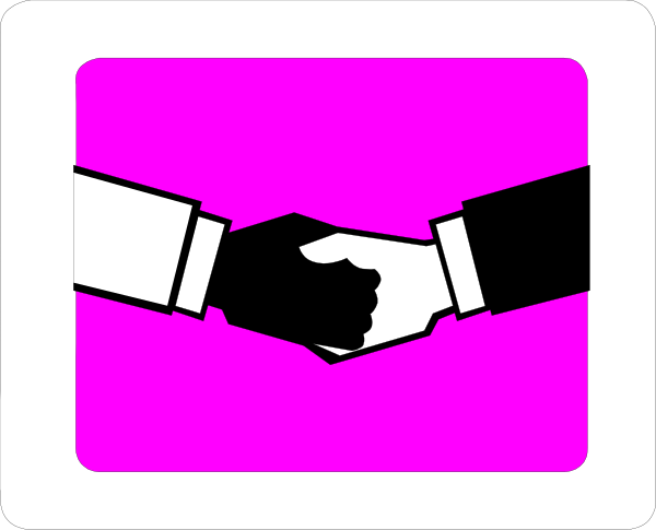 The image shows a stylized graphic of two hands shaking with each other against a pink background inside an icon that resembles a handshake symbol on what appears to be a computer interface.