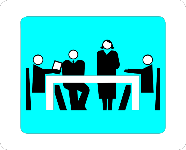 The image shows a black and white illustration of five stylized figures seated around what appears to be an oval table in a meeting room environment with one figure standing at the end as if leading the discussion, all depicted against a blue background that suggests it could represent sky or water.