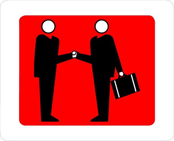 The image shows a red sign with two black silhouettes of businesspeople shaking hands over what appears to be an office desk; one figure is holding briefcase handles while standing behind another who has their arms crossed in front, suggesting professional interaction and agreement between them.