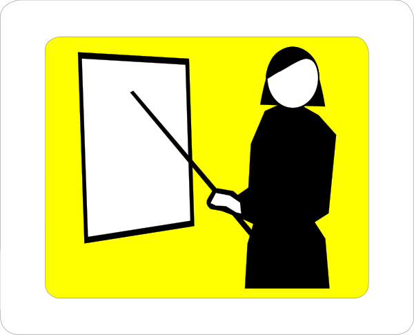 The image shows a black silhouette of an adult holding up their hand to signal stop on top of what appears to be a yellow sign with white text that reads "STOP". Below this is another smaller picture showing a person in front of a blank chalkboard, also indicating stopping or pausing.