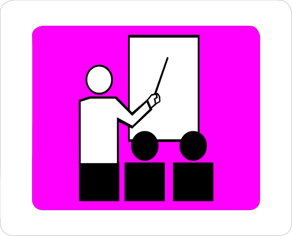 The image shows a sign with an icon of two cartoon figures: on the left is a person standing next to a truck labeled "TRUCK," indicating that it's related to transportation; in front, there appears to be another figure holding what looks like a clipboard or tablet and pointing at something. To their right stands a podium with an open book resting upon its surface. The background of the sign is pinkish-purple, providing contrast for these elements.
