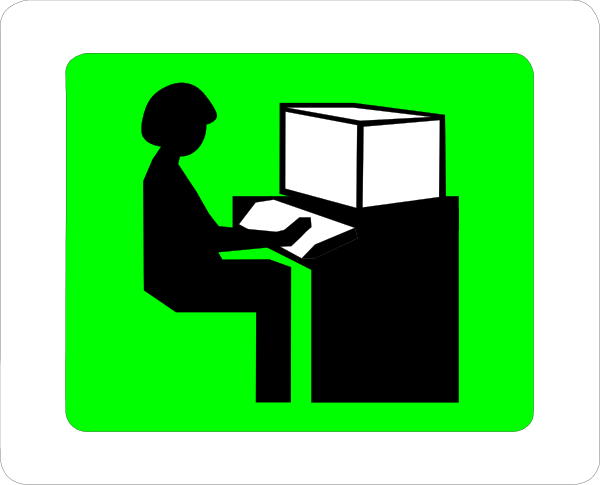 The image shows a black silhouette of an adult sitting at a desk with their hands on top of it, facing towards what appears to be a computer screen in front of them; there is also another figure standing behind this person and looking downwards. To the right side of these figures are two icons: one depicts a green recycling bin labeled "RECYCLING," indicating that items should not go into this container, and below it an icon with a black silhouette sitting at a computer desk next to what looks like a monitor or television screen; there is also another figure