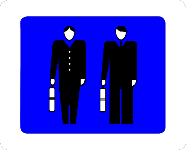 The image shows a blue sign with white text that reads "MEN" on top of two silhouettes: an adult male figure standing to the left side of another similar-looking man who is seated next to him, both depicted in black against a light background.