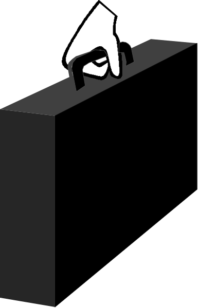 The black and white photo shows a person's hand holding an open umbrella over their head while standing on top of what appears to be a box with wheels in front of it.
