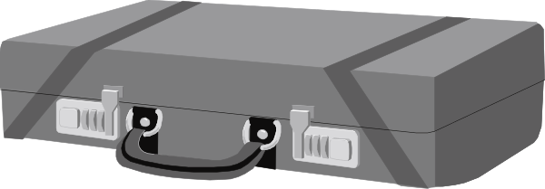 The image shows a gray suitcase with wheels on top of it placed against a dark background.