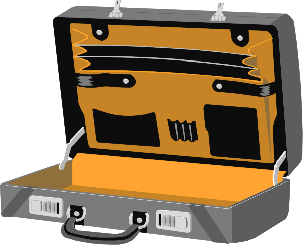 The illustration shows an open orange suitcase with a black handle on top of it next to another closed case that is also brown in color.