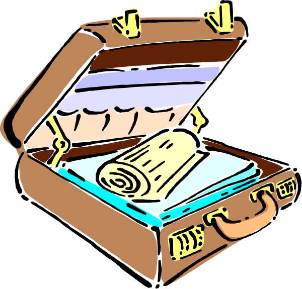 The illustration shows an open suitcase with a rolled item inside it on top of what appears to be folded clothes next to some papers in another compartment labeled "documents."
