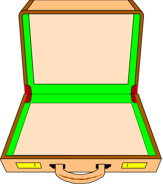 The image shows an open briefcase with a green interior lining against a dark background.