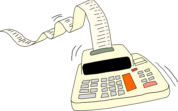 The illustration shows a roll of paper with text on it next to an old calculator machine that has buttons for numbers 0 through 9. There is no visible action taking place in this image; all objects and elements appear stationary, suggesting either preparation or documentation related to accounting or finance activities. No people are present within the frame provided by the clip-art style of the illustration. The setting appears to be an office environment with a focus on financial record keeping tools such as paper receipts and calculators for manual calculations.