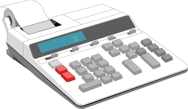 The image shows a calculator with buttons on its side next to an open receipt book displaying numbers 2 through 9 in rows of three columns each; there is no text present within this clip-art illustration, and it appears that one button has been pressed or highlighted as red among the others. There are also two small images at top left: a blue square with white number "1" inside and another image depicting what seems to be an electronic device resembling a smartphone displaying time 20:35 in digital format, but these elements do not