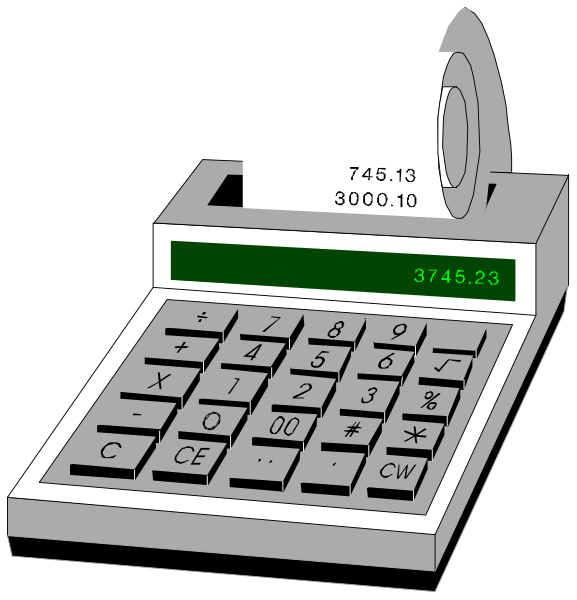 The image shows a roll of paper with numbers on it being dispensed from an electronic calculator that has buttons for addition, subtraction, multiplication, division, percentages, square roots, exponents, and trigonometric functions; there is also a digital display showing the number 365.49127800. The roll of paper appears to be white with black numbers on it. There are two images side by side: one shows an electronic calculator dispensing the paper while in motion, and another image displays only the calculator without any movement
