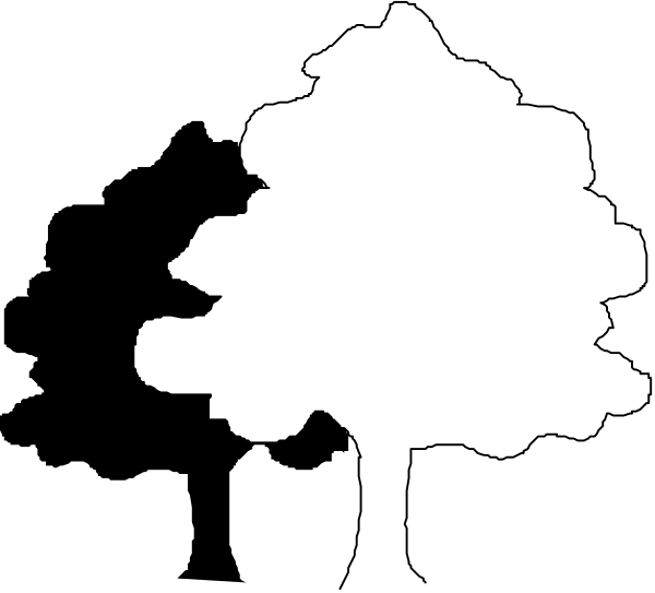 The black and white silhouette of a tree on top of another smaller tree with branches extending outward from it against an unseen background.