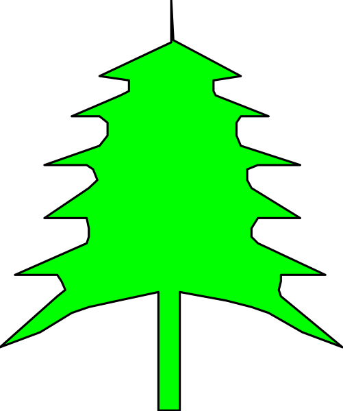 The image shows a black silhouette of an evergreen tree with green needles against a white background on top half, transitioning to gray in bottom left corner where it meets another similar shape that is also dark and outlined by thin lines forming its branches; no other objects or actions are visible within the frame.