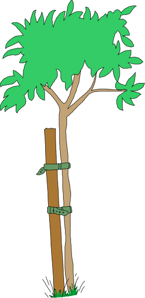 The image shows a tree with green leaves on top of it against a black background; to its right is an upright wooden post holding up what appears to be a small structure resembling a roof or canopy, and there's no visible text in this clip-art illustration.