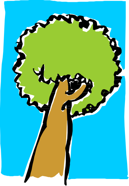 The image shows a simple line drawing of an evergreen tree with blue sky background on top right corner.