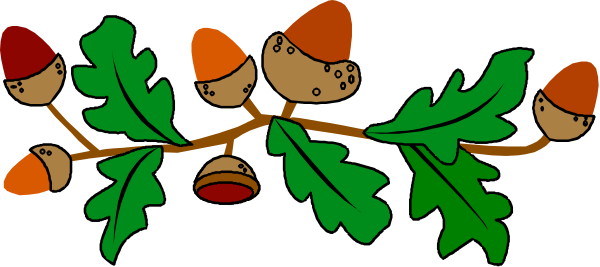 The image shows a decorative border with acorns on branches adorned by green leaves at both ends of an illustration that resembles pine cones in between.