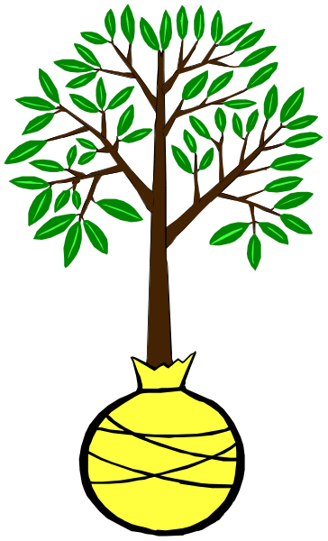 The image features a stylized tree with leaves on its branches inside an oval shape against a dark background; to the right of this is another smaller circle containing what appears to be a yellow object wrapped in brown, resembling a gift-wrapped present or perhaps some kind of fruit like coconut.