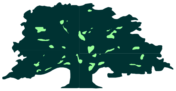 The image shows a tree with green leaves against a black background that has white spots scattered across it.