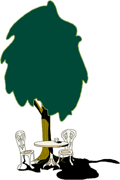 The image shows a black and white illustration of an outdoor café scene with two chairs under a tree near tables for dining; there is no text present in this clip-art piece.